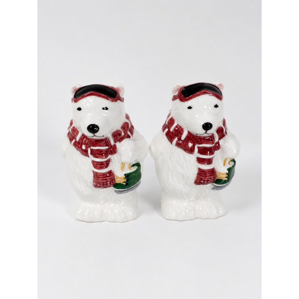 Asia Master Group Salt Pepper Shakers Polar Bear Ice Skating White 70s Winter
